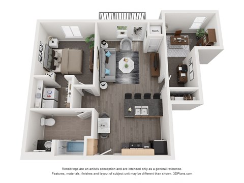 Floor plan for 1 bed, 1 bath, 829 sqft
